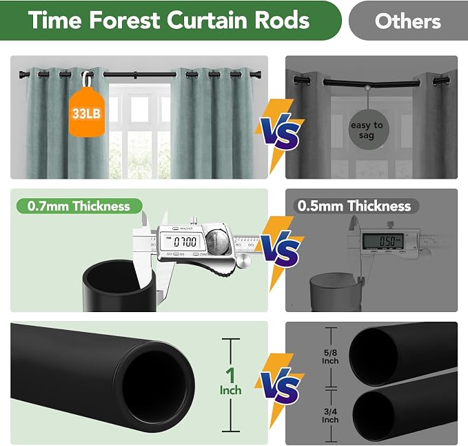 Time Forest Black Curtain Rods for Windows 32 to 120 Inch, 1 Inch Diameter - Image 9