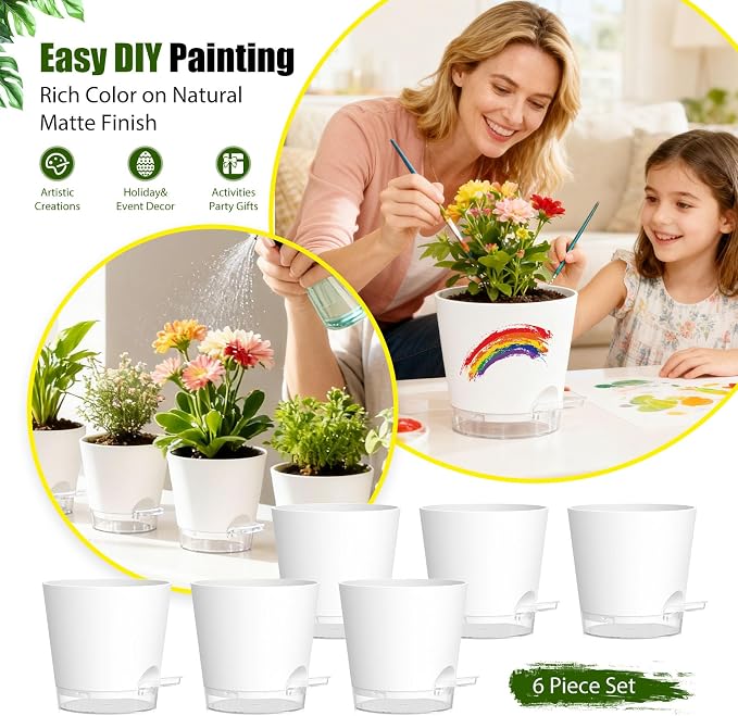 Plant Pots 7 Inch Self Watering Pots, 6 Pack Plastic Planters - Image 6