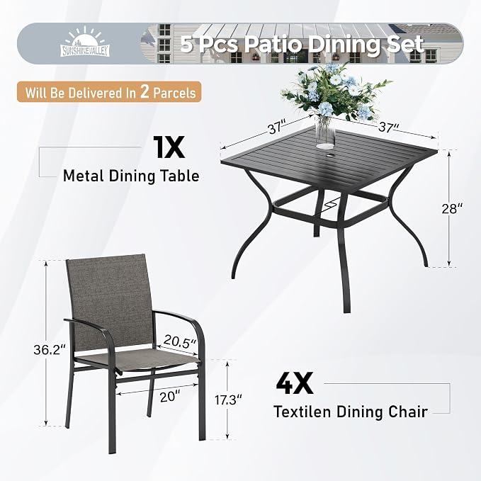 5 Piece Patio Dining Set for 4, 37”x37” Square Table - Image 2