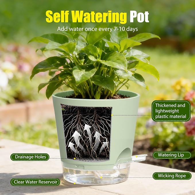 Plant Pots 5 Inch Self Watering Pots, 6 Pack Plastic Planters - Image 4