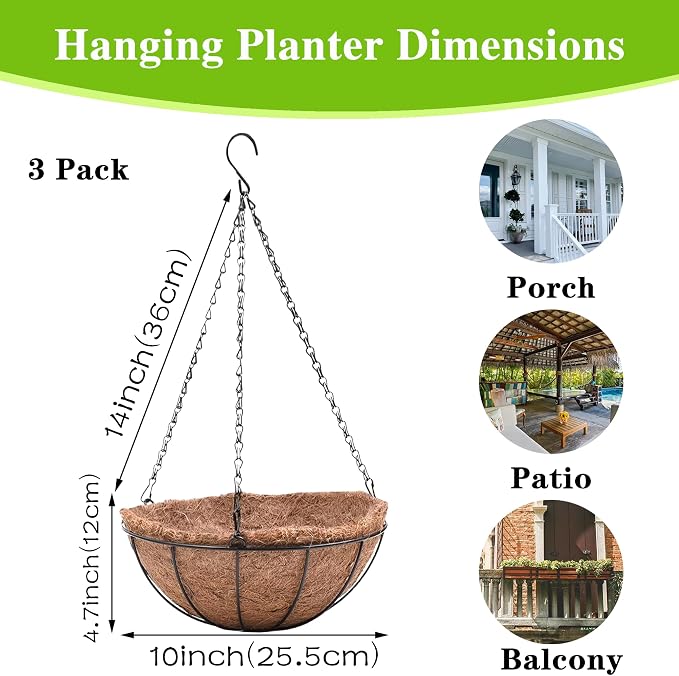 Hanging Planters Basket Set of 3 Hanging Flower Pots 10 Inch Chain Round Wire - Image 4