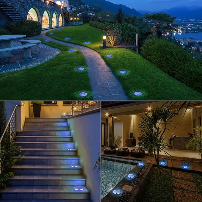LYHOPE Solar Ground Lights Outdoor, 16 Pack 8 LED Solar Disk Lights Waterproof - Image 2