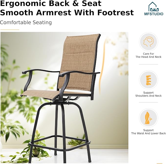 MFSTUDIO 3 Piece Outdoor Swivel Bar Set, Outdoor Bar Table and Chairs Set - Image 4