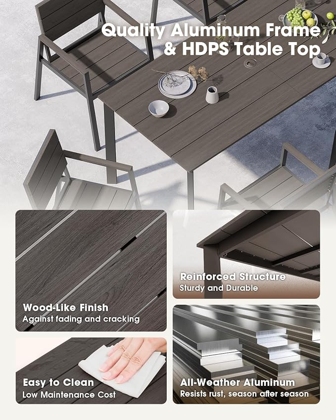 Outdoor Dining Set for 6, Aluminum Patio HDPS Outdooor Table and Chairs Set - Image 3