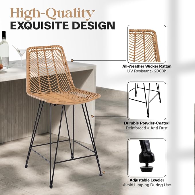 IDZO Set of 2 Rattan Counter Stools, 400lbs Capacity, Cushioned Seats, Steel - Image 3