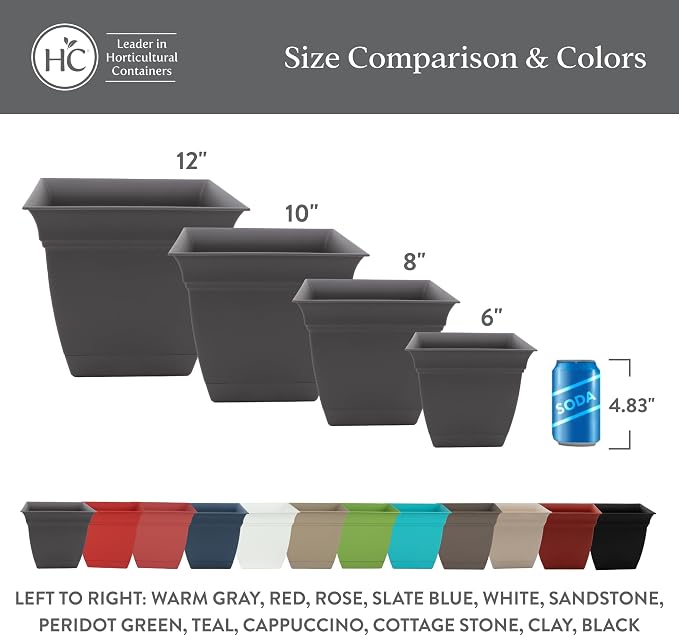 The HC Companies 6 Inch Eclipse Square Planter Pots w/Drainage Holes & Attached - Image 6