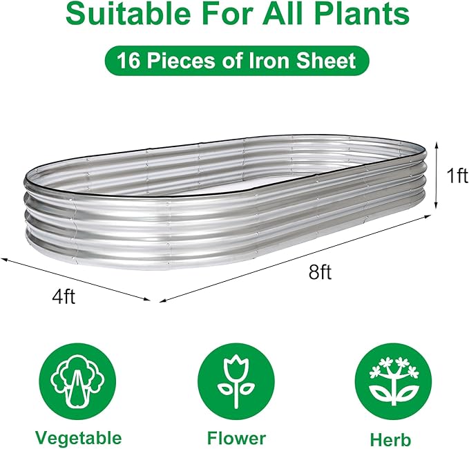 JERIA 8×4×1ft Oval Raised Garden Bed, Galvanized Raised Garden Bed Kit Outdoor - Image 2