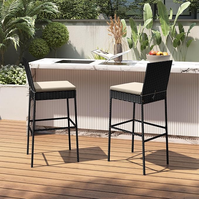 HAPPYGRILL Wicker Patio Barstools Set of 4, Outdoor Rattan Bar Chairs - Image 5