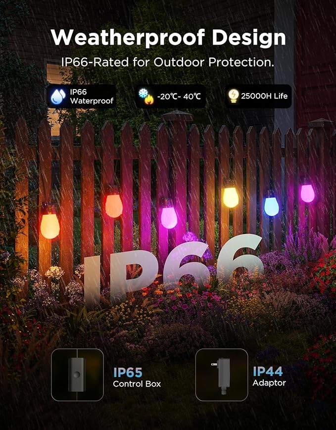 Govee S14 Bulb Outdoor String Lights 2, 96ft Smart RGBIC Warm White Patio Lights - Image 4