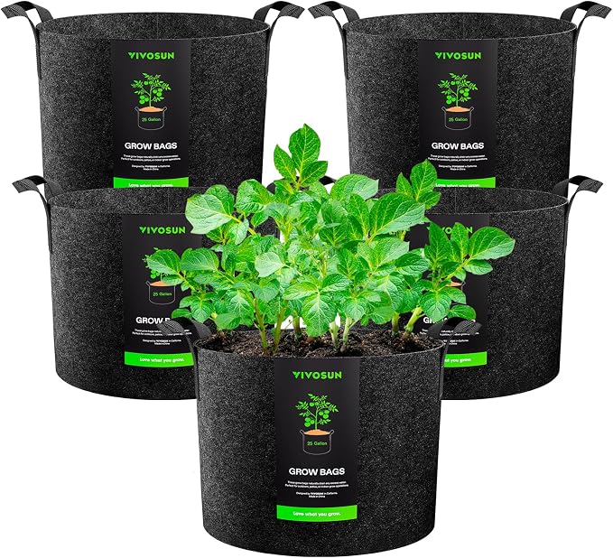 VIVOSUN 5-Pack 25 Gallon Plant Grow Bags, Heavy Duty Thickened Nonwoven Fabric by VIVOSUN