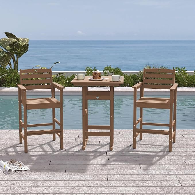 3-Piece Bar Height Patio Table and Chairs Set, HDPE Wood Grain Outdoor Bar by Orbcove