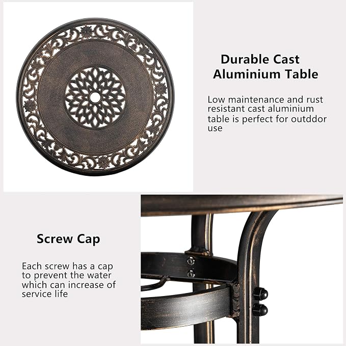VINGLI 3 Piece Outdoor Bar Set, Cast Aluminum Outdoor Swivel Bar Stools and - Image 6