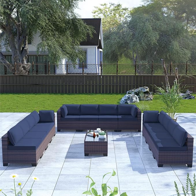 Kullavik 14 Pieces Outdoor Patio Furniture Set PE Wicker Rattan Sectional Sofa - Image 6