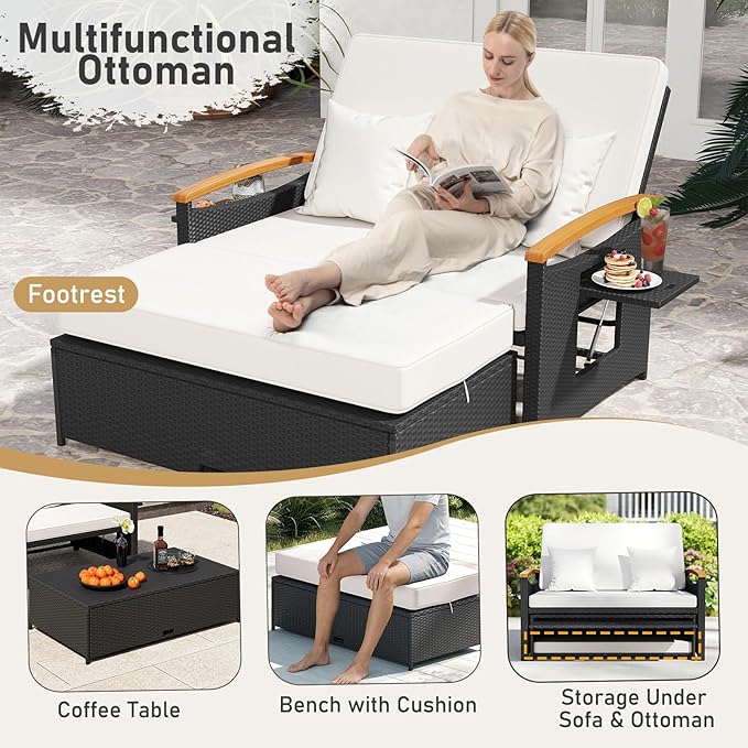 Moccha Outdoor Wicker Daybed, Patio Rattan Loveseat Sofa w/ 4-Level Adjustable - Image 4