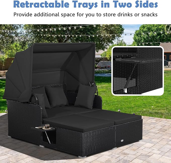 Moccha Outdoor Daybed with Retractable Canopy, Wicker Cabana with 2 Side Tables - Image 5