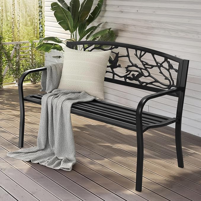 VINGLI Outdoor Bench for Patio Metal Garden Bench w/PVC Back Pattern - Image 9