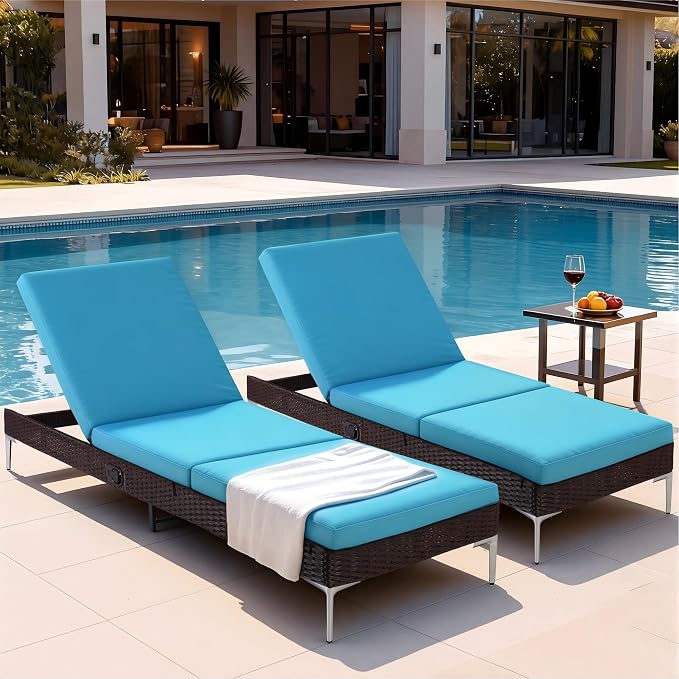 HOMREST Outdoor Lounge Chairs Set of 2, Patio Wicker Chaise Lounge by HOMREST