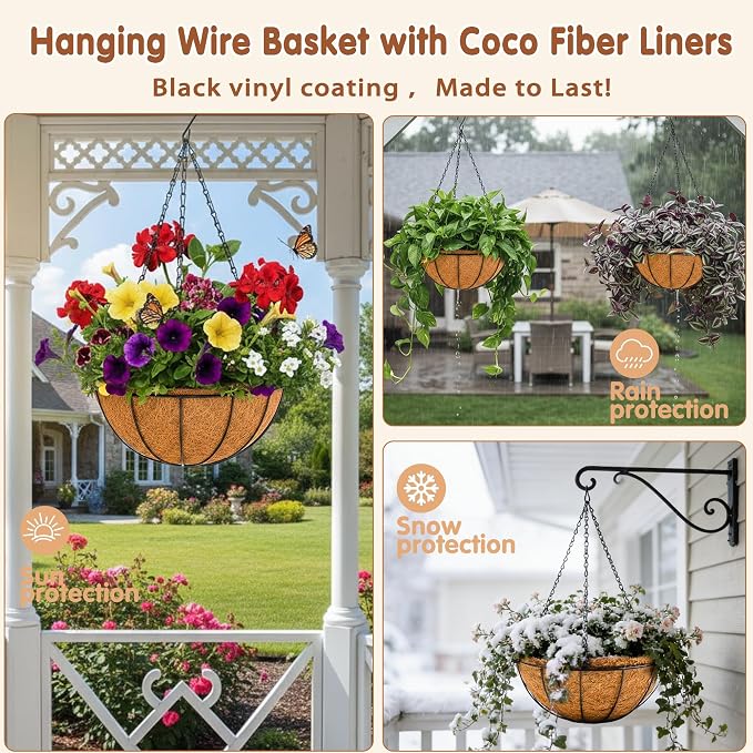 14 inch Metal Hanging Baskets For Plants Outdoor 4 Pack Round Metal Wire - Image 3