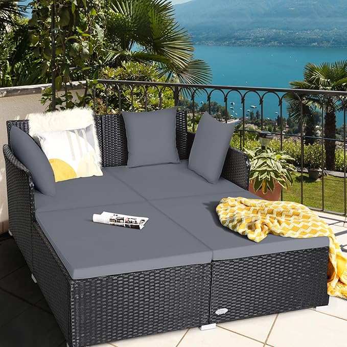 HAPPYGRILL Outdoor Rattan Daybed Patio Loveseat Sofa Set - Image 2