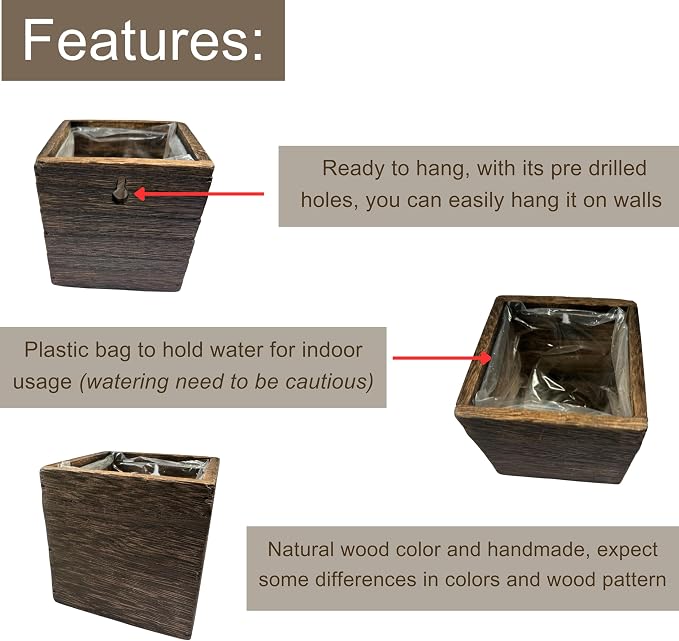 LaLaGreen Wood Planter Boxes Small Square Wooden Wall Mounted Flower Pot - Image 3