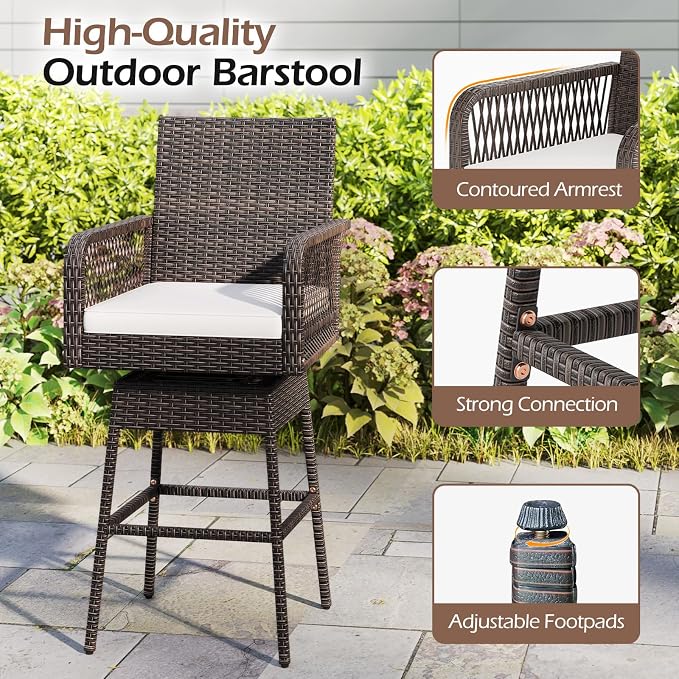 ORALNER Outdoor Wicker Swivel Bar Stools Set of 2, Footrest & Seat Cushion - Image 7