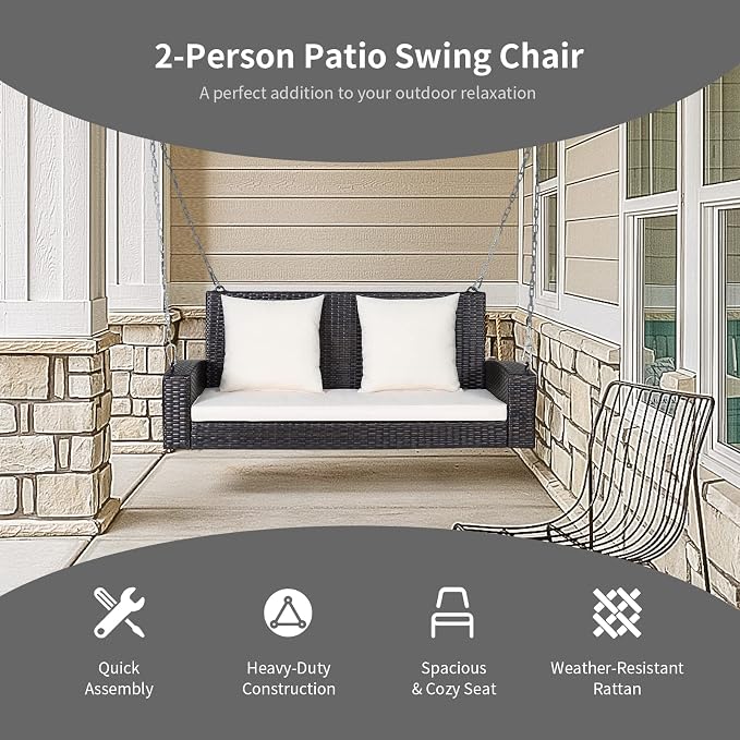 RELAX4LIFE Porch Swing 2-Seat Patio Rattan, Wicker Porch Swings Outdoor W/Two - Image 5
