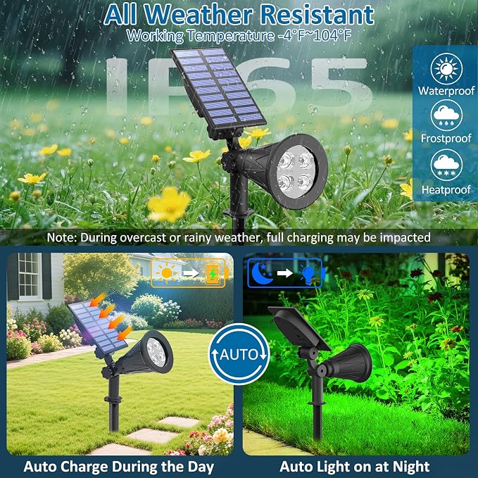 T-SUNUS Green Solar Spot Lights Outdoor 2 Pack, IP65 Waterproof Garden - Image 3