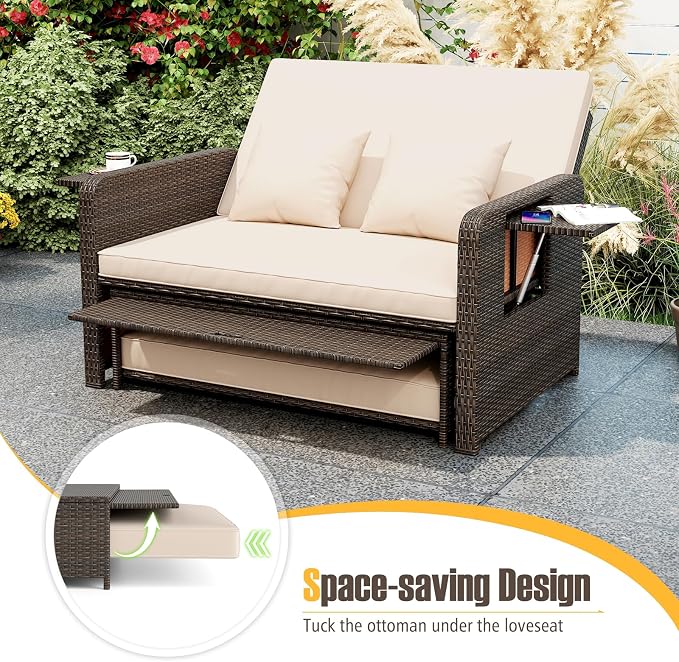 LDAILY Moccha Outdoor Daybed, Wicker Loveseat Sofa Set - Image 6