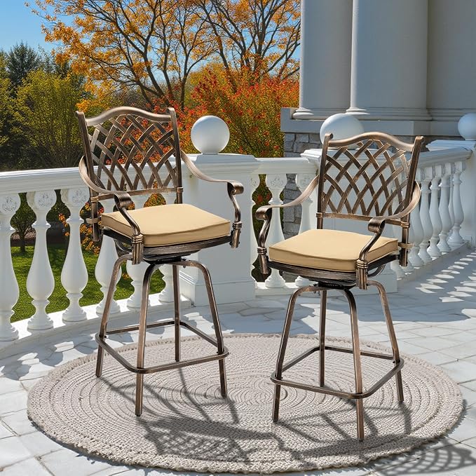 VINGLI Outdoor Swivel Bar Stools Set of 2, Cast Aluminum All-Weather Patio Bar - Image 2