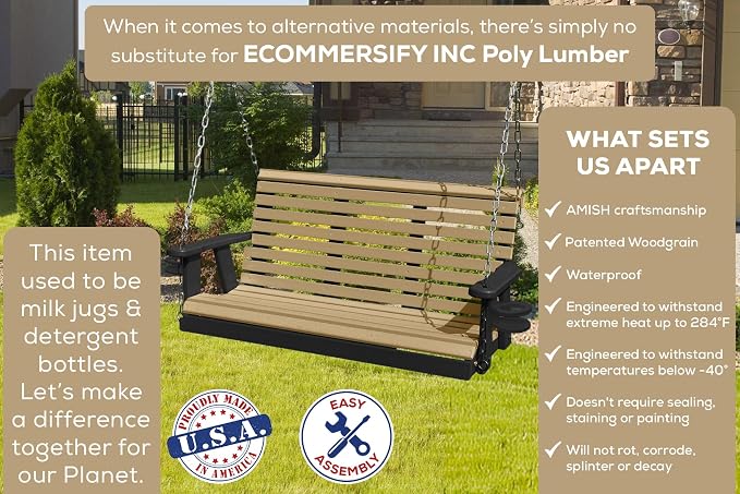 Poly Lumber Wood 5FT Porch Swing Amish Craftsmandship Made in USA HDPE - Image 3