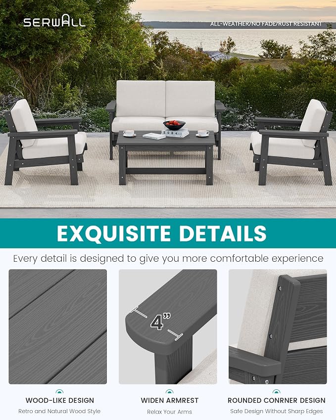 SERWALL HDPE Outdoor Furniture Set 4, All Weather Wood-Like Outdoor Sofa - Image 6