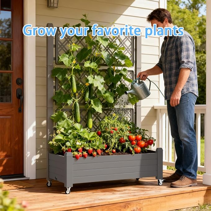Mobile Garden Planter with Trellis & Lockable Wheels, Outdoor Raised Bed with - Image 7