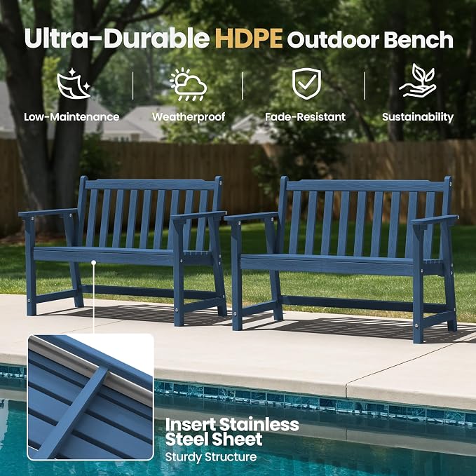 Ciokea 48" Outdoor Bench, HDPE Weatherproof Porch Bench, 2-Person Garden Benches - Image 3