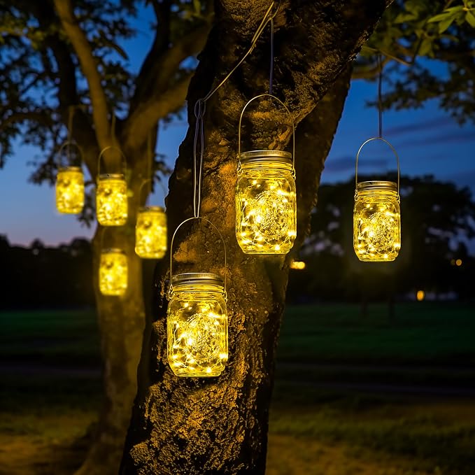 GIGALUMI Hanging Mason Jar Solar Lights, 6 Pack 30 Led Tinplate Lids Hanging - Image 2