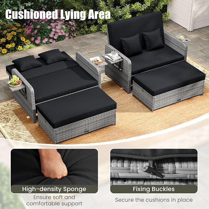 LDAILY Moccha Outdoor Daybed, Wicker Loveseat Sofa Set - Image 4