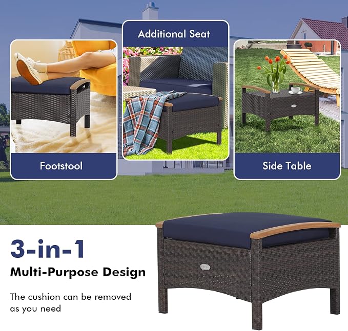Tangkula 2 Piece Patio Rattan Ottomans, Outdoor Wicker Footstool w/Acacia Wood - Image 8