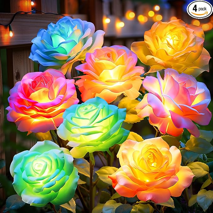 Solar Rose Lights Outdoor: 4 Pack IP65 Waterproof 7-Color Changing LED Flower by NESSTU