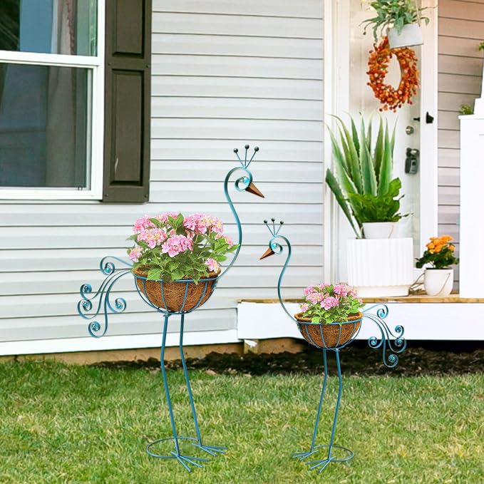 Metal Peacock Planter with Fiber Basket -Garden Bird Planters - Image 2