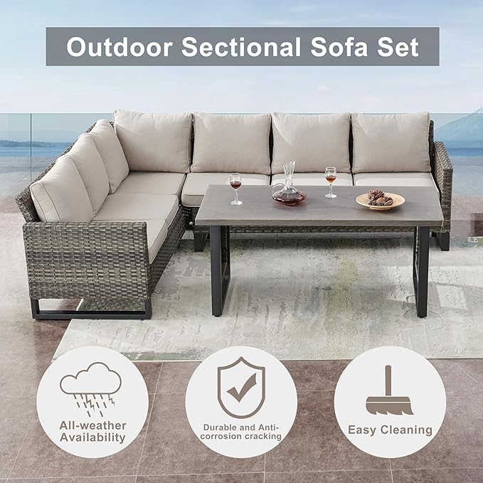 Belord Outdoor Sectional Sofa 6 Seater L Shaped Couch Wicker Patio Conversation - Image 3