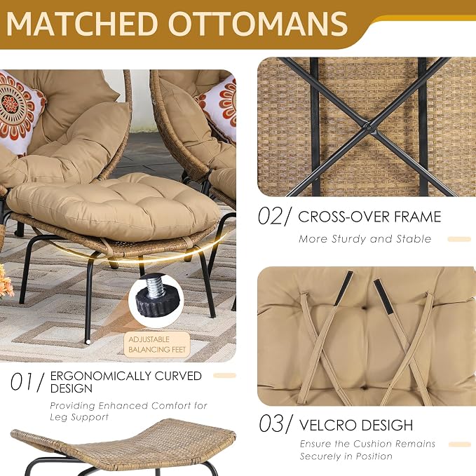 NICESOUL Double Egg Chair with Footstools & Cushions, Oversized Wicker Boho - Image 7