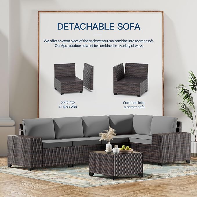 Kullavik 6PCS Outdoor Patio Furniture Set PE Wicker Rattan Sectional Sofa Patio - Image 5