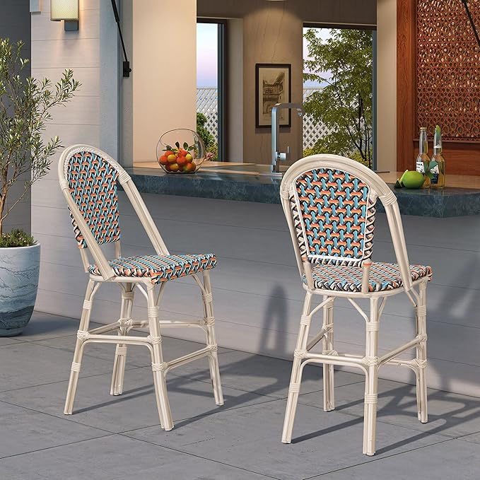 PURPLE LEAF French Bar Stool Set of 2 White Print Finish Patio Bar Stools - Image 3