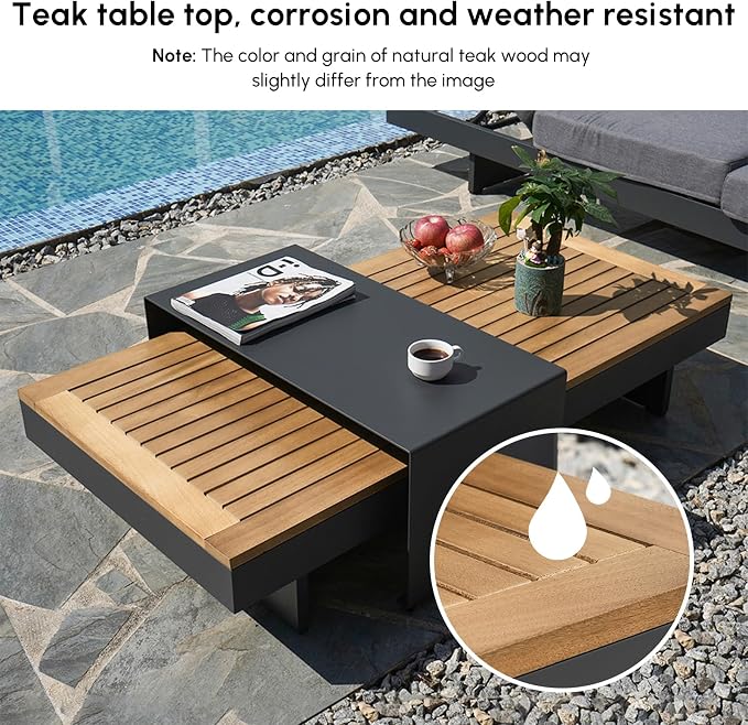 homary Outdoor Conversation Sets, 6 Piece Aluminum & Teak Patio Sectional Sofa - Image 7