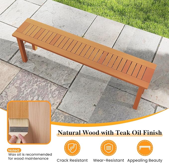 Tangkula Outdoor Wood Bench, 59” Long Patio Dining Bench, Backless Wooden Bench - Image 7