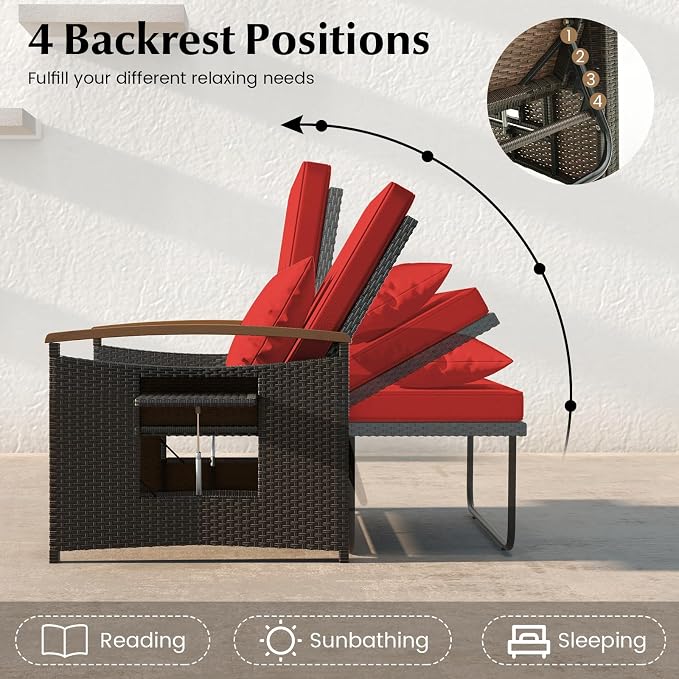 LDAILY Moccha Outdoor Wicker Daybed, Patio Rattan Loveseat Sofa w/ 4-Level - Image 4