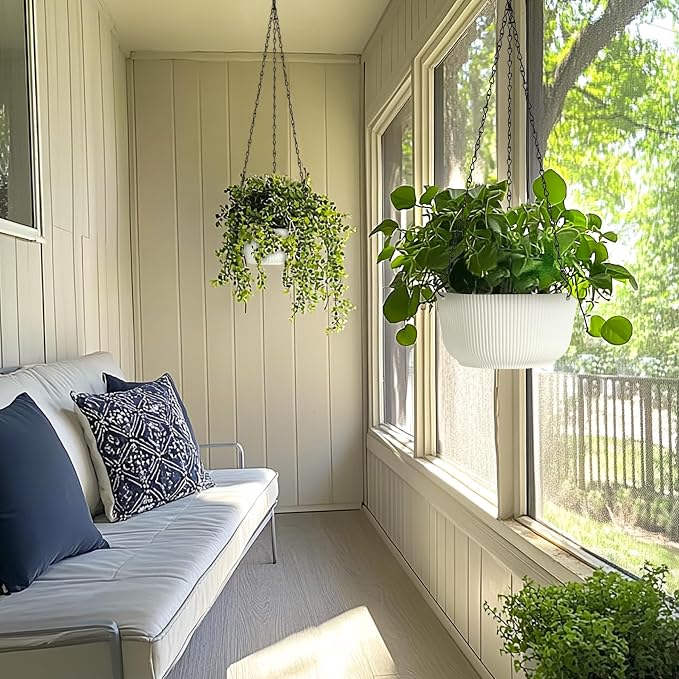 T4U 10 Inch Hanging Planters for Indoor Plants, 2 Pack White Self Watering - Image 7