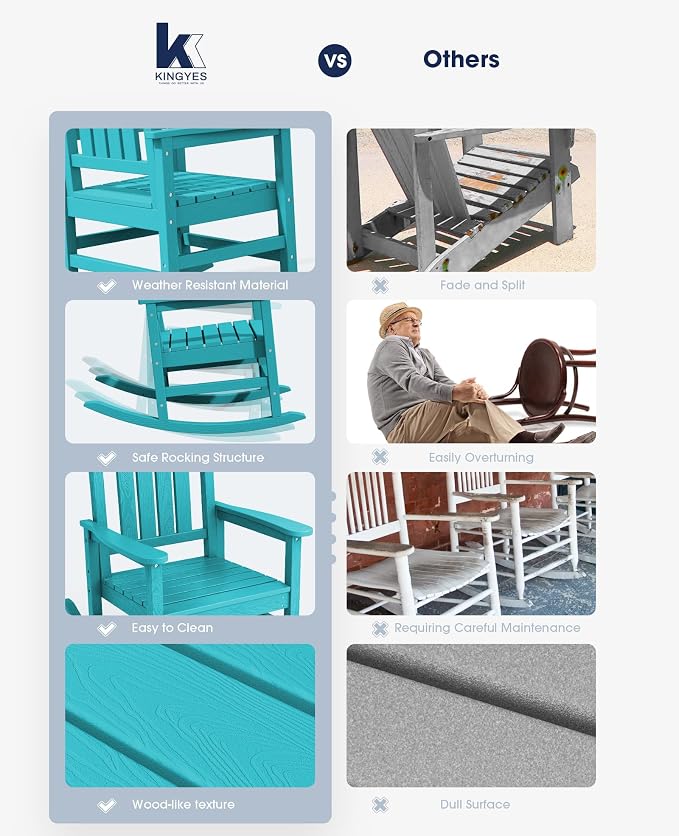 KINGYES HDPE Outdoor Rocking Chair Set of 4, All-Weather Poly Patio Rocking - Image 6