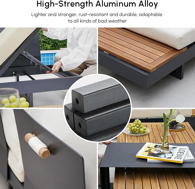homary 6 Piece Aluminum & Teak Outdoor Sofa Set, Patio Sofa Seat L-Shaped - Image 3