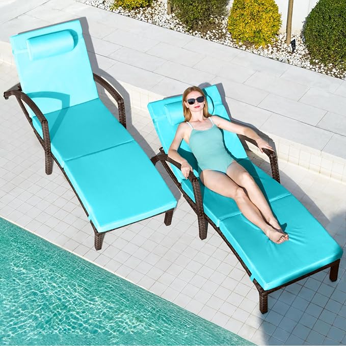 Chaise Lounge Chairs Outdoor Set of 4, Comfy Outside Wicker Patio Pool Lounge - Image 2