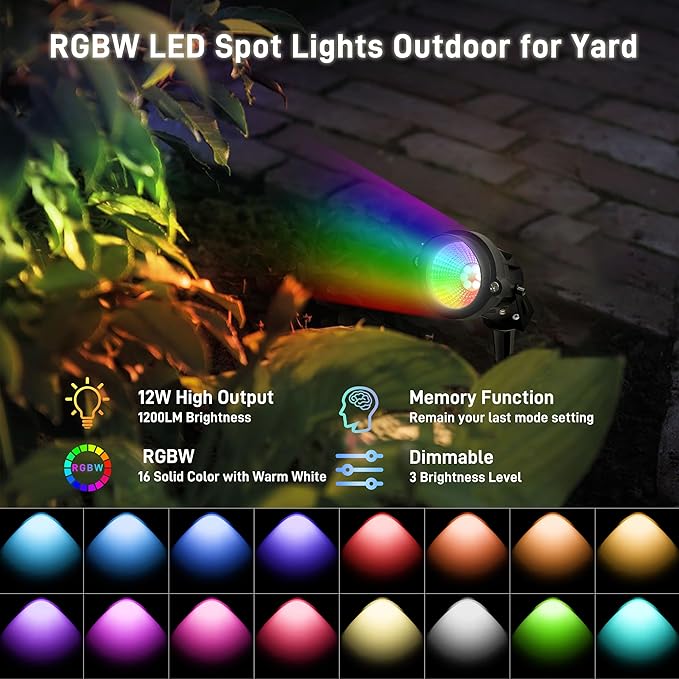 12W RGBW Color Changing Landscape Spotlights, 110V Plug-in Outdoor LED Spot - Image 2